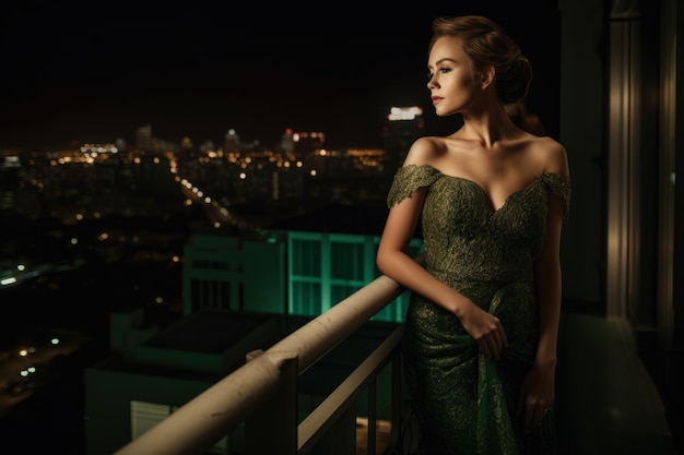 Attractive woman with a light tan complexion wearing a green evening gown