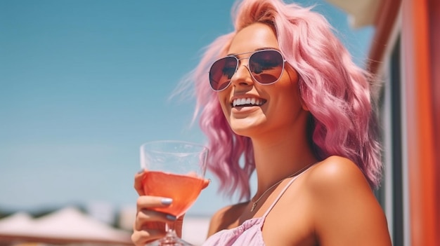 attractive woman with pink hair drinking summer cocktail