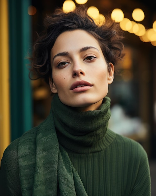 Attractive woman with short hair in a dark green outfit