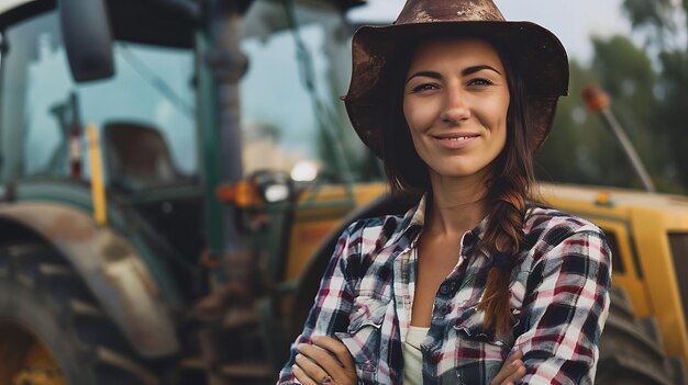 attractive woman working on farm next to tractor in background