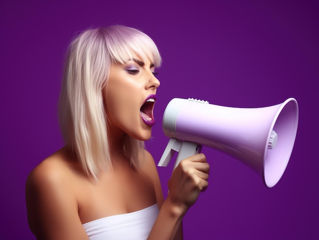 Attractive women speaking for women rights through megaphone