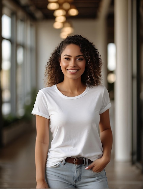 Attractive young African American woman with toothy tender smile shows white teeth dressed in casu