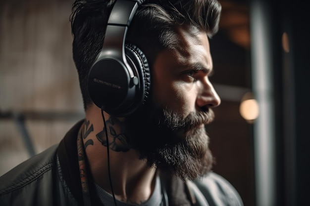 Attractive young bearded man listening to music on the street Ai generated