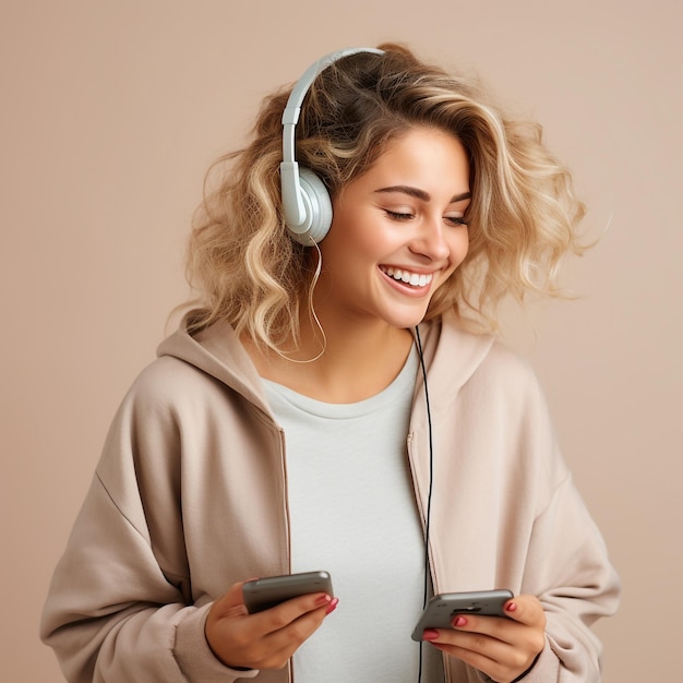 attractive young brunette girl listening music in headphones and holding mobile phone