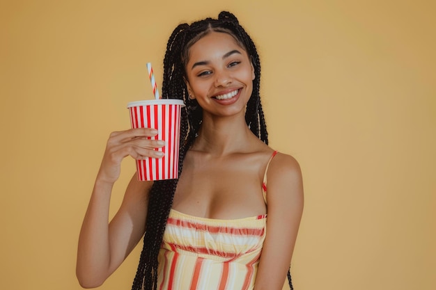 An attractive young Latin woman wearing orange casual clothes holds a cup of soda pop cola fizzy water to her lips while looking at a camera isolated on a light pastel beige background in a studio