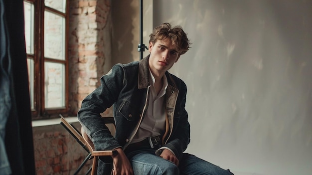 Attractive young man sitting in a jacket on a chair in a photo studio