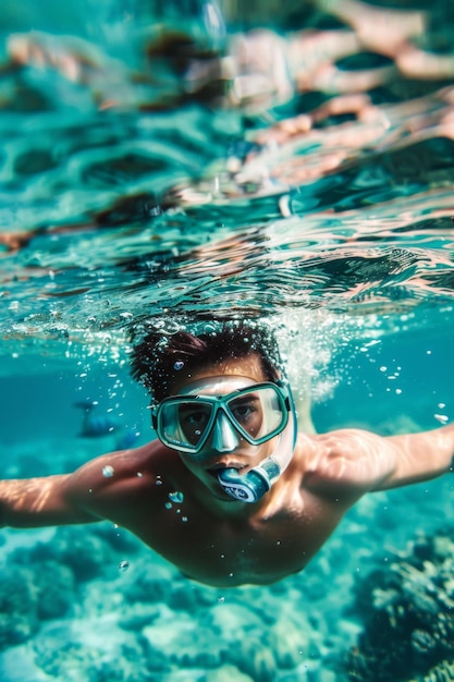 Attractive young man snorkeling in the ocean