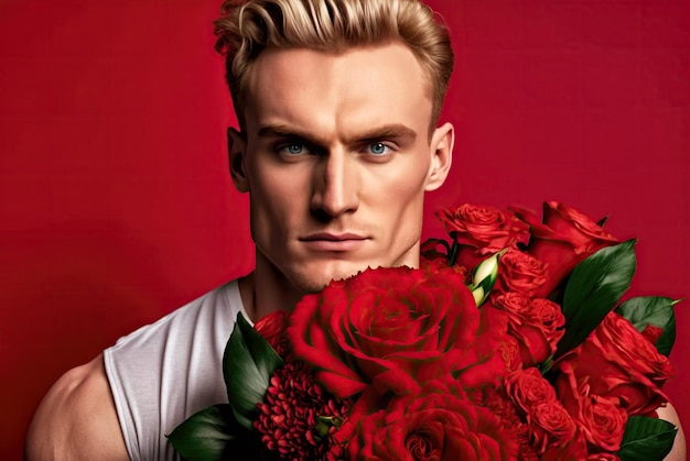 Attractive young man with big flowers bouquet red background Generative AI