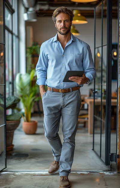 Photo attractive young man with a tablet walks through a glass door in a modern office setting