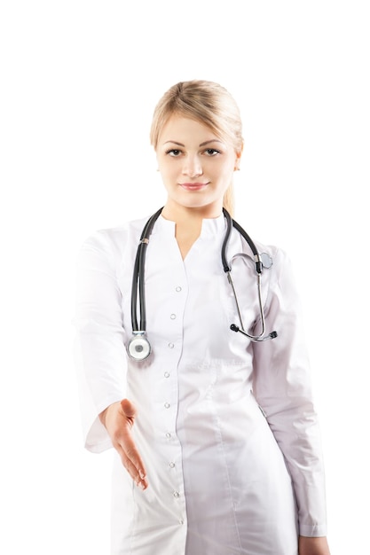 Attractive young nurse in uniform Giving a hand for a handshake Isolated on white background