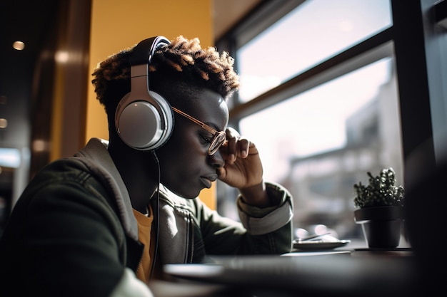 Attractive young woman enjoying a cup of coffee in a coffee shop while listening a music generative