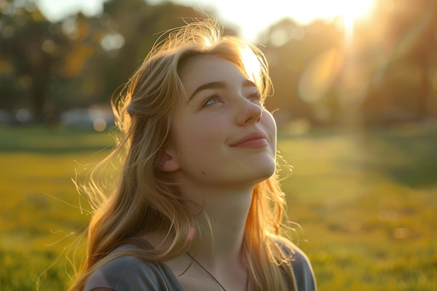 Attractive young woman enjoying her time outside in park with sunset in background