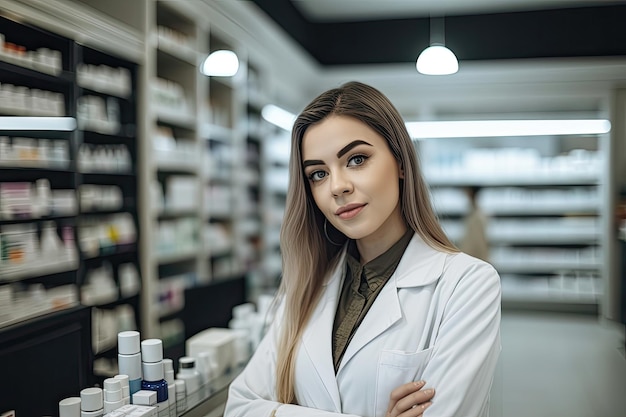 The attractive young woman a pharmacist stands amidst rows of shelves stocked with medicines in the pharmacy Generative AI