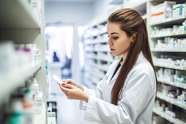 The attractive young woman a pharmacist stands amidst rows of shelves stocked with medicines in the pharmacy Generative AI