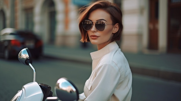 Attractive young woman on a scooter in the middle of the city The Generative AI