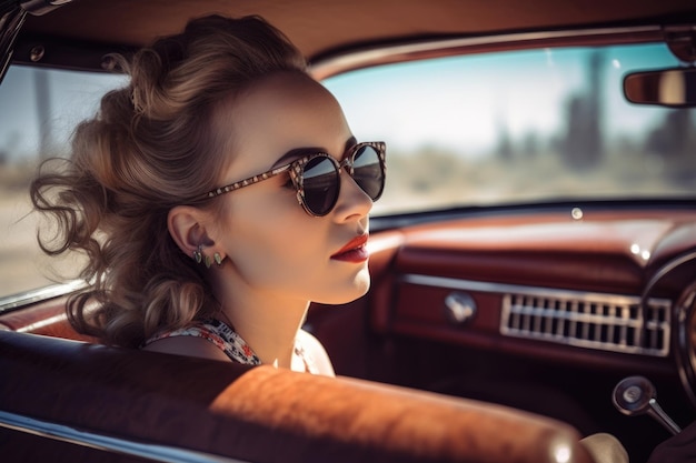 An attractive young woman wearing sunglasses in a retro car created with generative ai