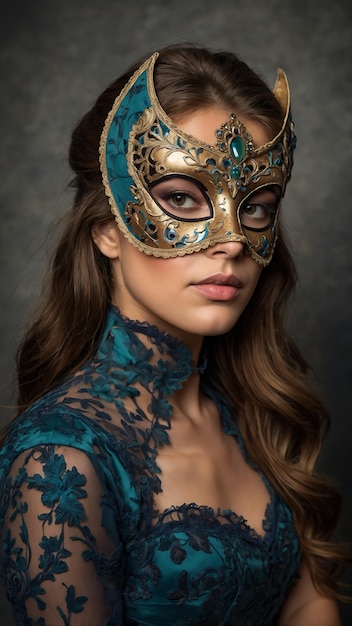 Photo attractive young woman with venice mask top view studio photography