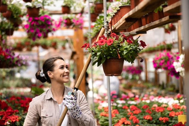 Attractive young woman working in greenhouse, holding and arranging flower pots and enjoying in beautiful and colorful flowers.