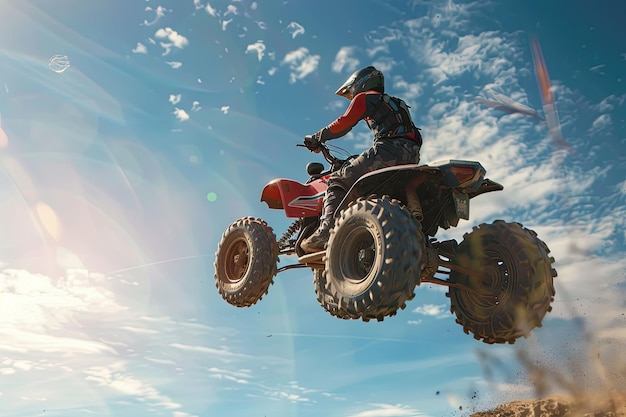 Photo atv rider soaring over offroad track on a sunny day