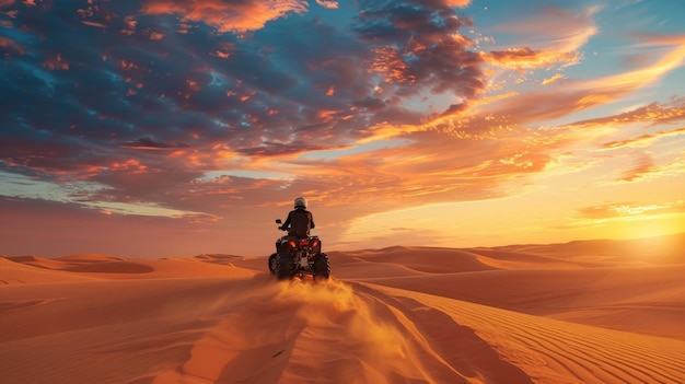 ATV riding in the desert at sunset sand dunes and a beautiful sky background