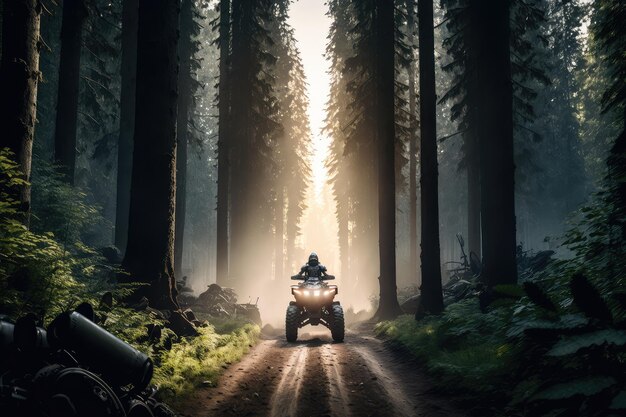 Atv riding through dense forest with trees towering overhead