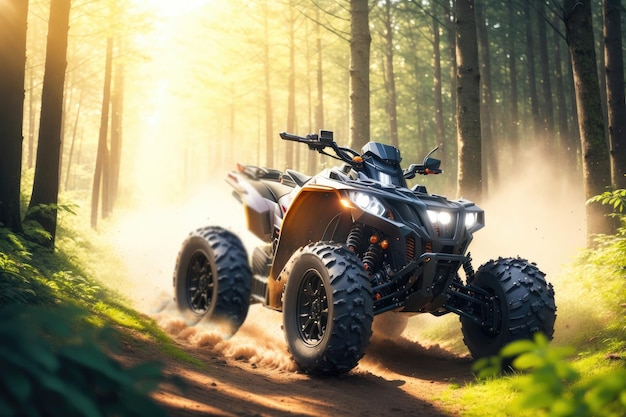 Atv speeding through forest whipping ai generative