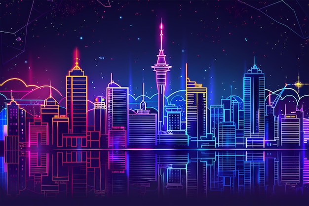 Auckland city neon lights night skyline vector outline glowing