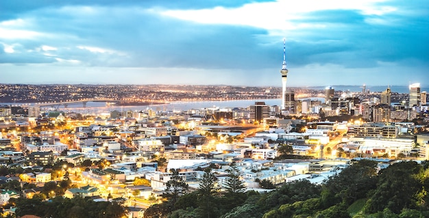 Auckland skyline from Mount Eden after sunset during blue hour