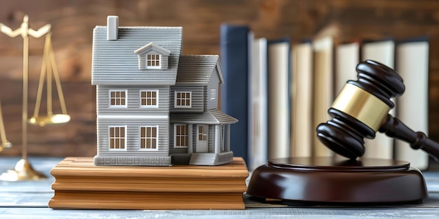 Photo auction for real estate with judge gavel law books and house model concept real estate auction judge gavel law books house model bidding war