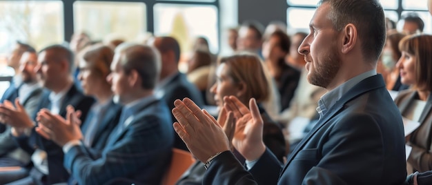 An audience attentively listening and clapping during a formal presentation or conference their focused faces showing interest and approval