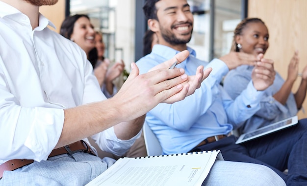 Audience business people and clapping for success at a conference seminar or corporate workshop Professional men and women group applause in happy crowd for convention training and presentation