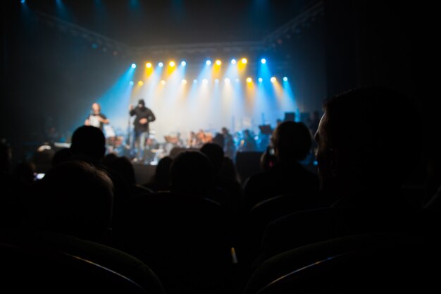 The audience at a concert on the background of the scene.