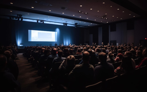 An audience full of experts in a dark conference room watches a keynote presentation Generative AI