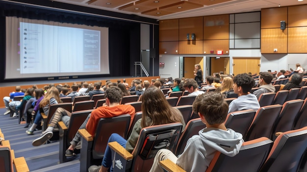 Audience of students seated in a lecture hall facing a large screen