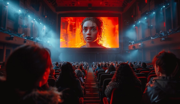 Audience in a theater watching a movie screen