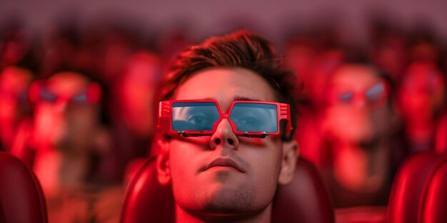 Photo audience watches 3d movie with redblue glasses for immersive experience concept 3d technology redblue glasses immersive experience movie audience visual effects