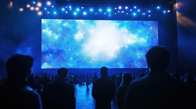 Audience watching large screen display cosmic visuals