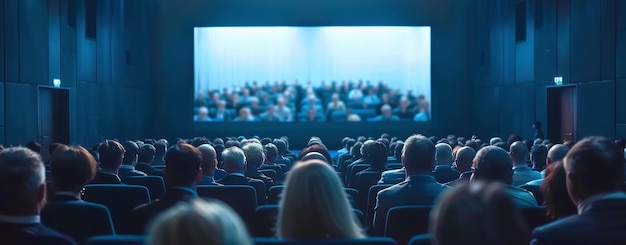 Audience watching a movie in a cinema hall with a focus on the back of heads and a blurred screen