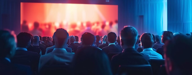 Audience watching a movie in a cinema with a focus on silhouetted heads and a glowing screen