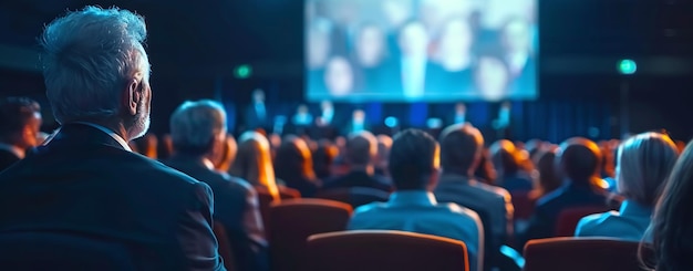 Audience watching a presentation in a conference hall focus on attendees head