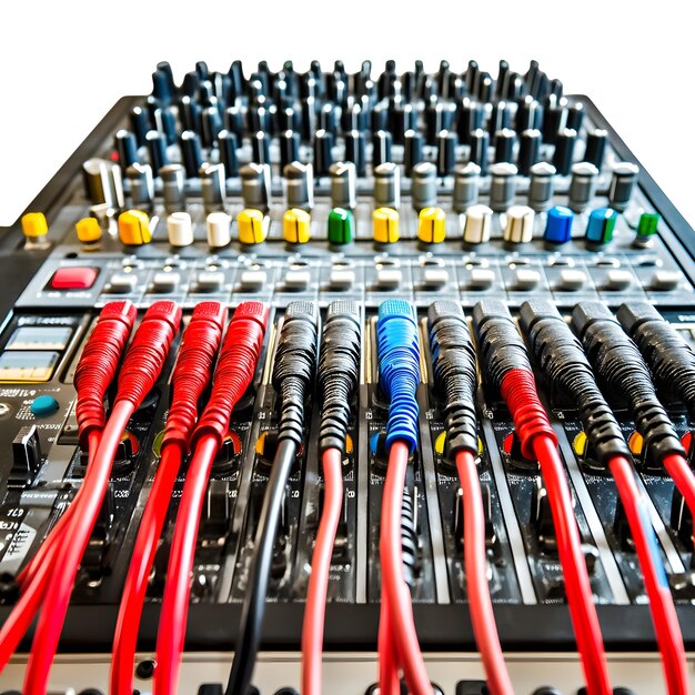 Photo audio cables connected to professional sound mixer detailed connections and wiring modern audio