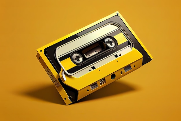 Audio cassette and headphones on a yellow background Generative Ai