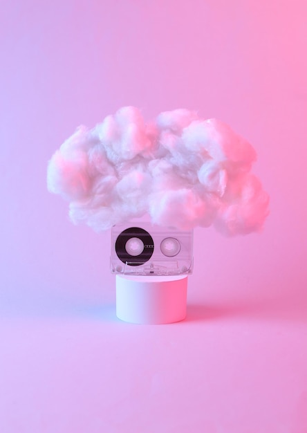 Audio cassette with fluffy cloud in pink blue neon light Concept art Minimalistic idea