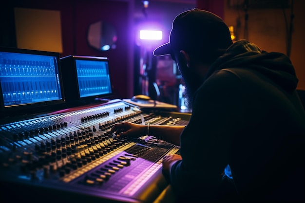 Audio engineer adjusting levels on a mixing board in the control room Generative AI