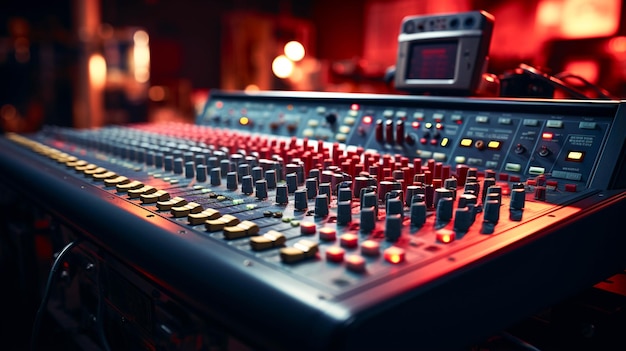 Audio mixing console in a recording room closeup view