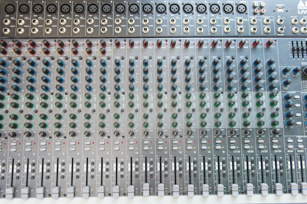 Audio sound mixer control panel top view.  