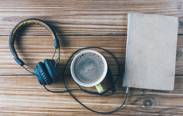 Audiobook concept and a Cup of coffee