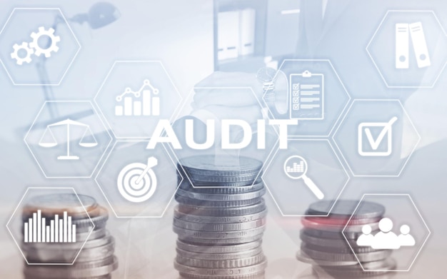 Audit Finance banking concept Double Exposure Coins Financial and Business background