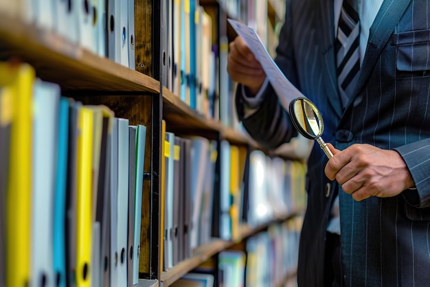 Auditor inspecting company records pointing at discrepancies reports and files neatly organized