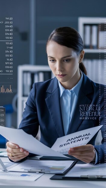 Photo auditor or internal revenue service staff business women checking annual financial statements of co